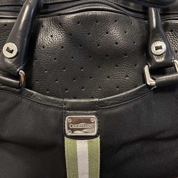 Vintage Cole Haan Black Leather Green White Strap Travel Overnight Gym‎ Bag - Picture 2 of 10